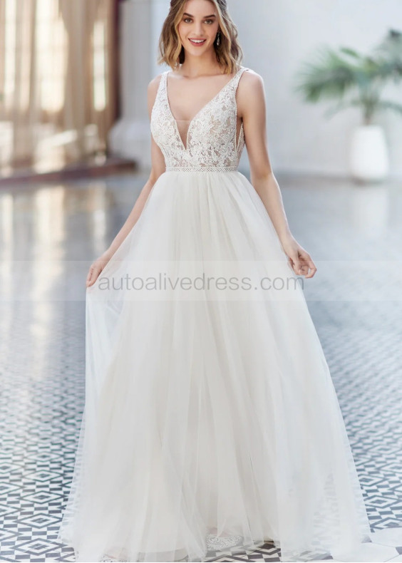 Beaded Ivory Lace Tulle Sexy Flowing Wedding Dress